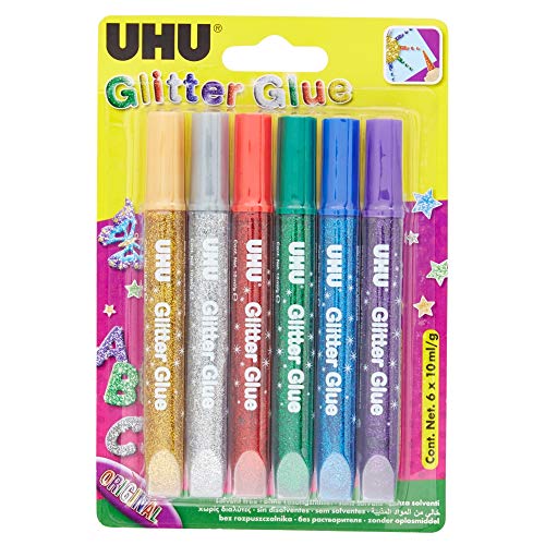 uhu glitter glue, glitzerkleber kreativ 6 x 10 ml mit feiner dosierspitze