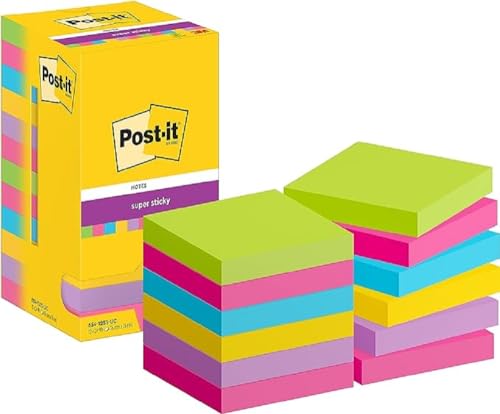 Post-it Super Sticky Notes, 12 Blöcke farbig, 90 Blatt, 76x76 mm