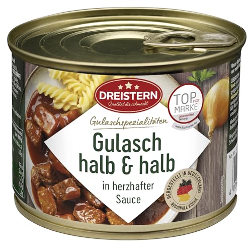 DREISTERN gulasch vom rind und schwein 500g, pikante sauce, haltbare konserve