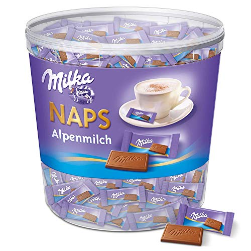 milka naps alpenmilch 1 kg, zartschmelzende mini-schokoladentäfelchen, dose