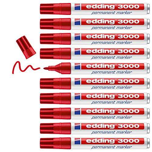 Produktbild: edding 3000 Permanentmarker rot, 10 Stifte, rundspitze 1,5-3 mm, wasserfest, wischfest