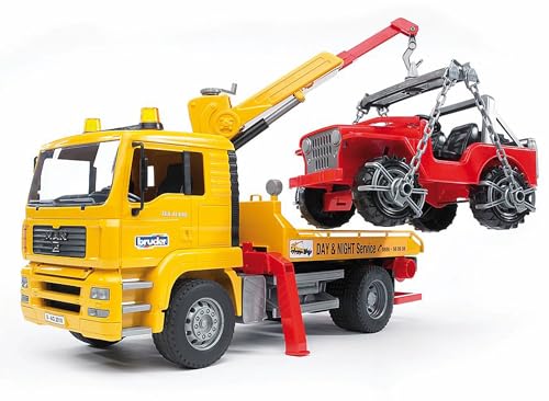 bruder abschlepp-lkw man tga mit jeep, 1:16, absetzbare plattform, hebekran, kippbar
