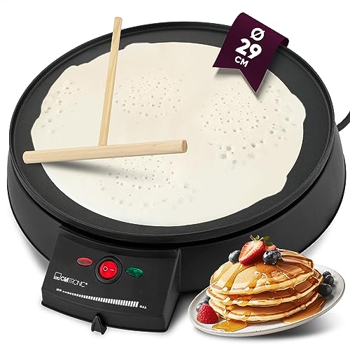 Entdecken Sie den Clatronic Crepes Maker mit 29 cm Durchmesser! Antihaftbeschichtung, stufenlos regelbarer Thermostat und Teigverteiler fr perfekte Crepes.