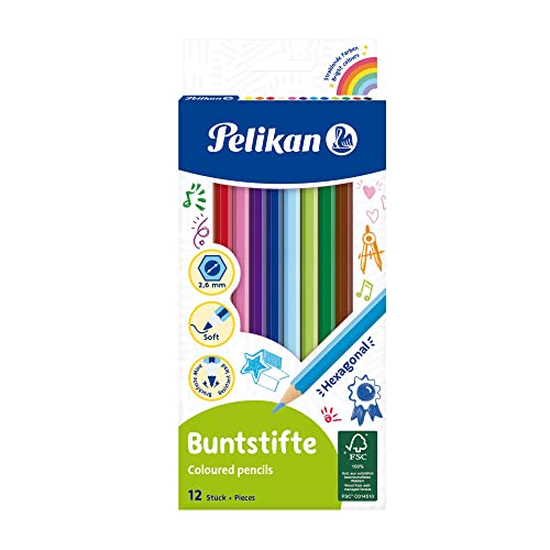 Pelikan Buntstifte 12 Farben, sechseckige Holzstifte, Malen und Zeichnen
