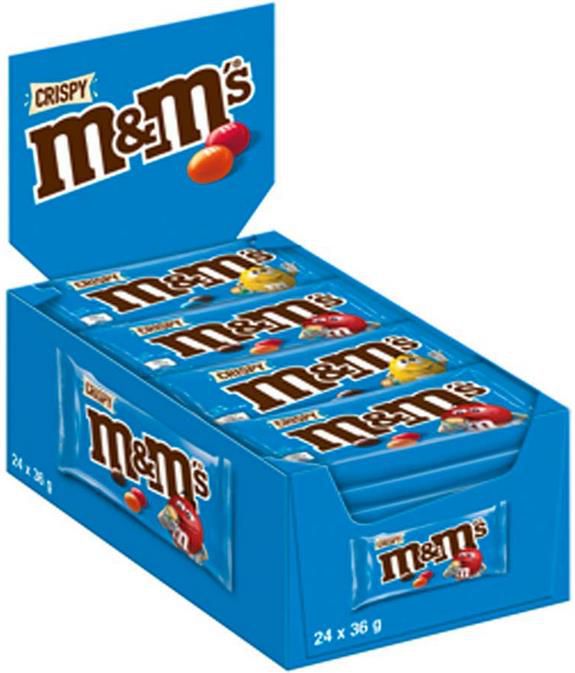 m&ms crispy schokolinsen 24 x 36g mit knusperkern ab 11,89 statt 19