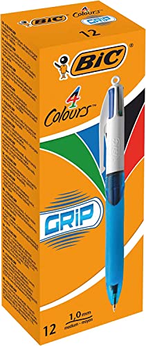 BIC Kugelschreiber 4 Farben Set 12er Pack, gummierter Griff für Büro und Schule