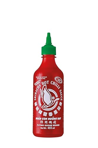 sriracha chilisauce von flying goose, scharf, grüne kappe, 455 ml aus thailand