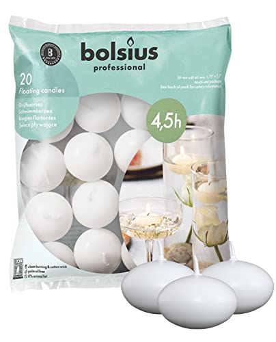 Produktbild: schwimmkerzen bolsius weiß, 20 stück, brenndauer 4,5 stunden, unparfümiert, 4,5 x 3 cm, pflanzenwachs