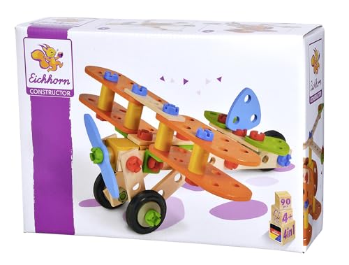 Eichhorn Constructor Holz-Bauset 85-tlg. Doppeldecker, Dinosaurier, Helikopter, Motorrad