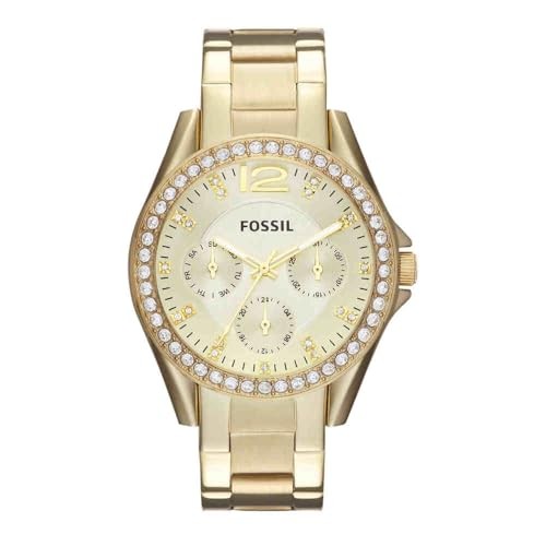 Fossil Riley Damen Uhr, Quarz-Chronograph, Edelstahl- und Lederarmband