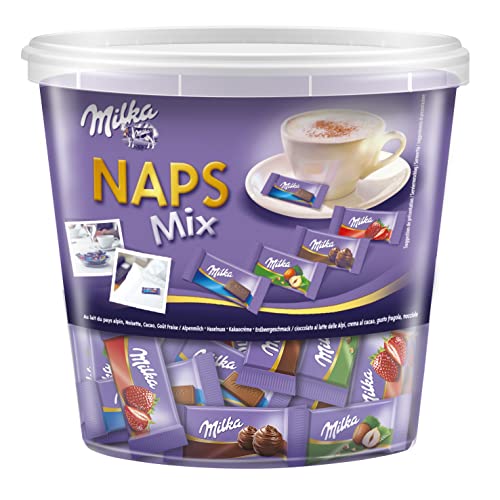 milka naps mix 1kg dose, zartschmelzende schokoladentäfelchen, erdbeer, haselnuss, crme au cacao