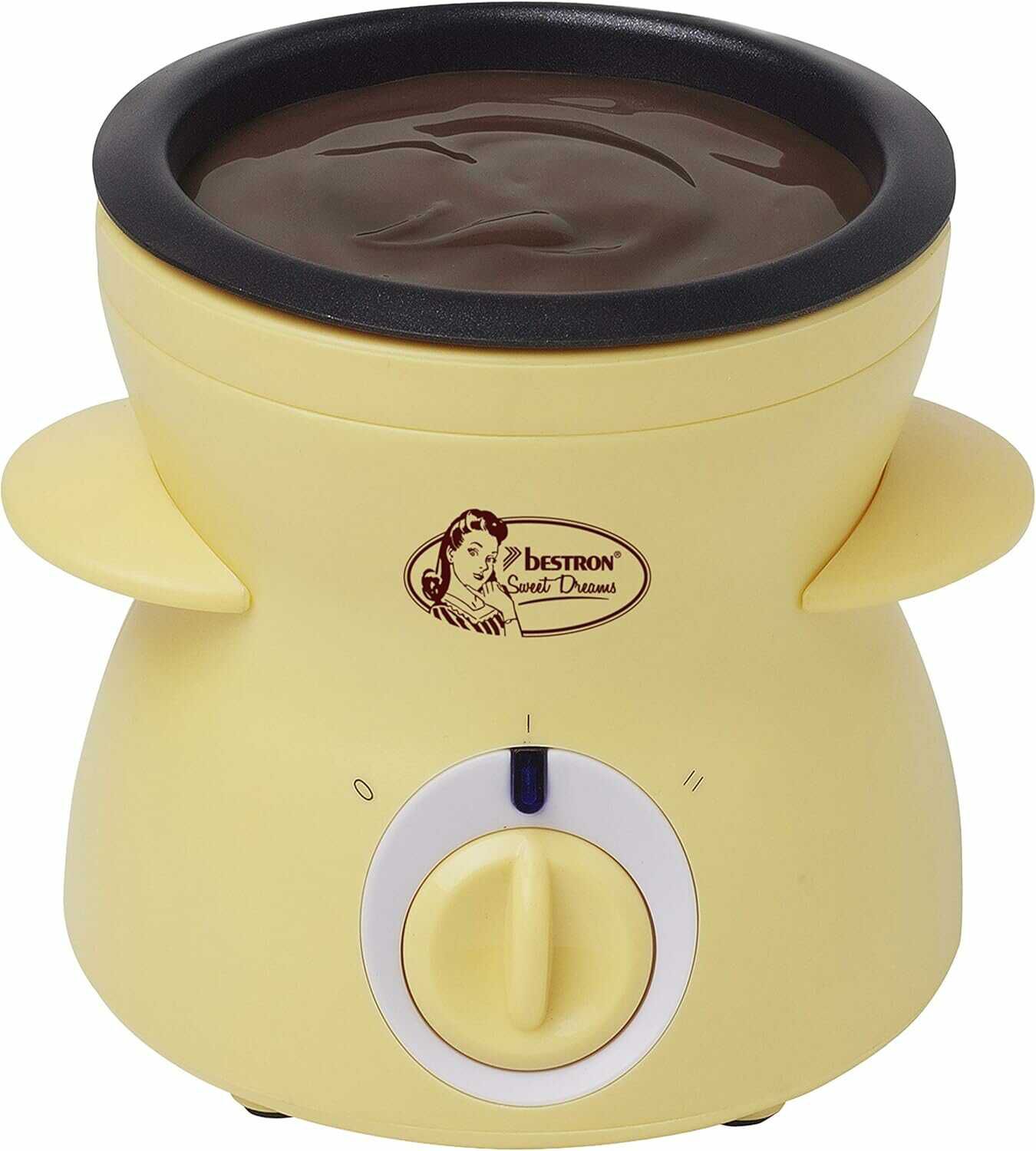 Bestron schokoladenfondue für 2 personen, mini-set mit spießen, gabeln und spateln, 25 watt, gelb