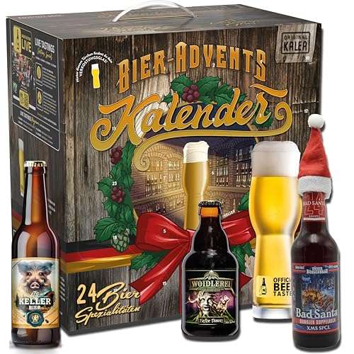 Kalea Bier-Adventskalender 2024, 24 x 0,33l Biere, inklusive Verkostungsglas, Geschenk zur Vorweihnachtszeit