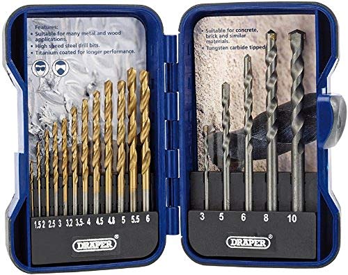 Produktbild: draper 18551 hss und steinbohrer-set 17-tlg wolframstahl titan-nitrid 135 spitze