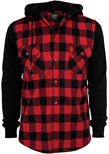 urban classics flanell freizeithemd herren mit kapuze karomuster mehrfarbig schwarz rot blau, small