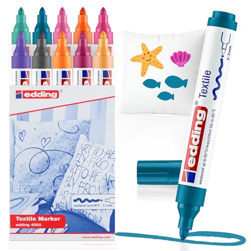 edding 4500 Textilmarker Set 10 Farben - Waschmaschinenfeste Stoffmalstifte 2-3 mm
