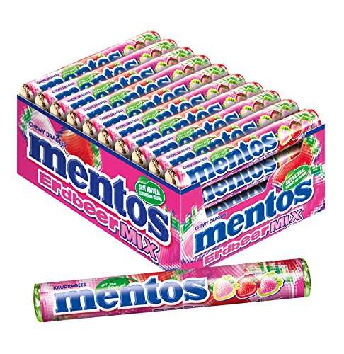 mentos erdbeere-mix dragees, süß-saure frucht-bonbons, vegan, multipack (40 rollen)