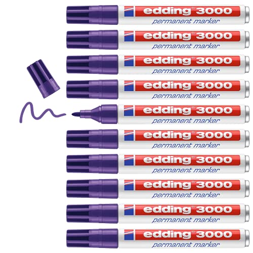 edding 3000 Permanent Marker, violett, 10 Stifte, 1.5-3 mm, schnelltrocknend, wasserfest, für Papier, Holz, Kunststoff, Metall