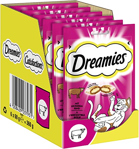 DREAMIES Katzensnacks Rind - 6x60g knusprige Leckerlis mit zarter Füllung