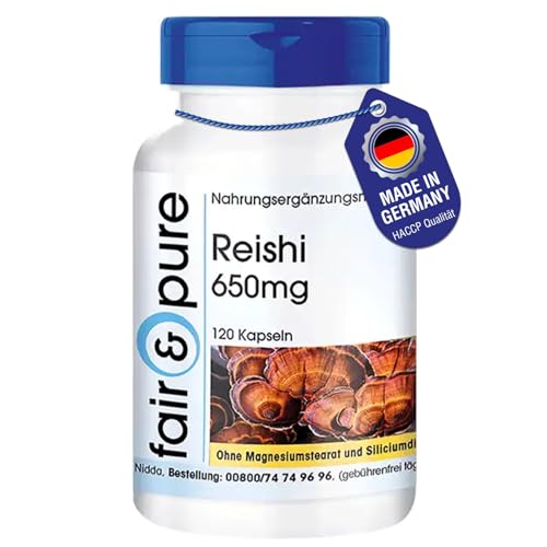 reishi kapseln 650mg, fair & pure ganoderma lucidum, hochdosiert, vegan, 120 stück