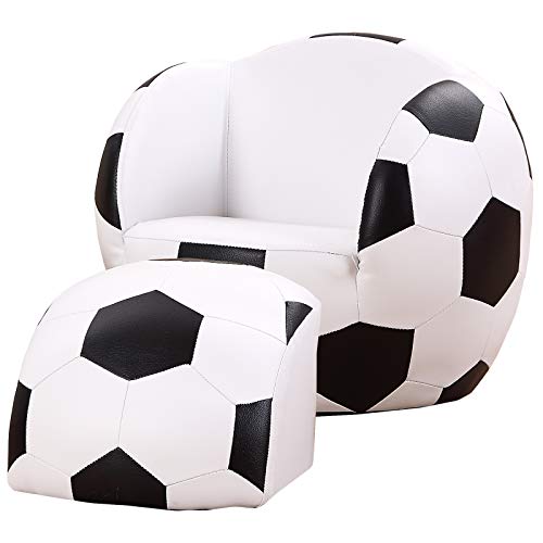 HOMCOM kindersessel mit hocker für kinderzimmer, sofa, fußball, 3-7 jahre, weiß schwarz