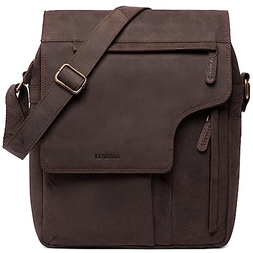 leabags umhängetasche leder dunkelbraun, laptoptasche bis 13 zoll, messenger bag