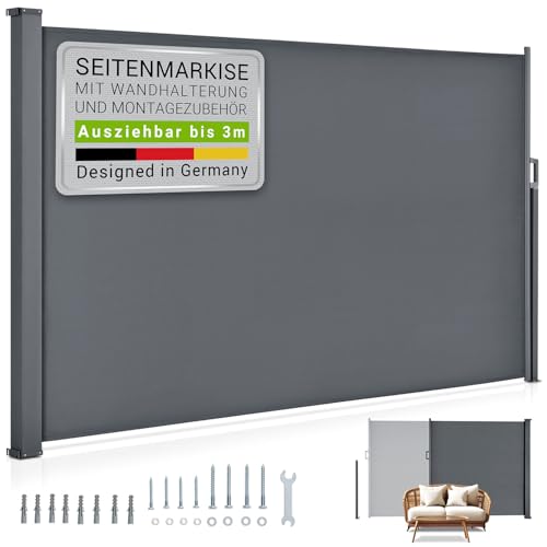 seitenmarkise grau 180 x 300 cm ausziehbar blickdicht für balkon terrasse - Juskys
