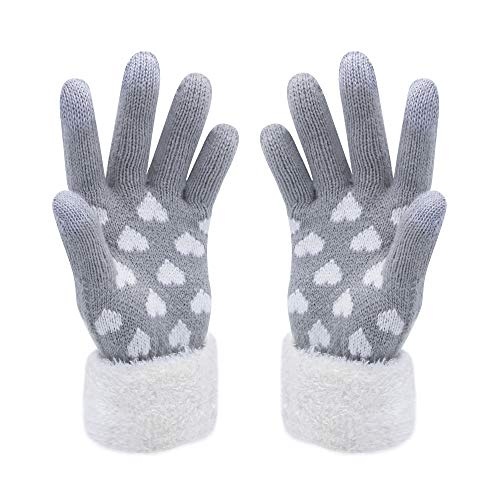 venimasee handschuhe für frauen mit herz-print, warmes strickwolle, grau, 20 cm