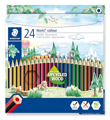 STAEDTLER Buntstifte Noris colour, 24 Farben, hohe Bruchfestigkeit, Soft-Oberfläche, Sechskantformat, Upcycled Wood