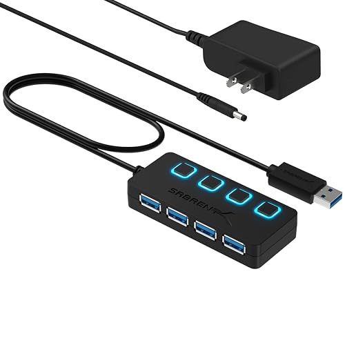 sabrent usb hub 4 port powered mit netzteil und ein/aus schaltern für pc, macbook, ps5