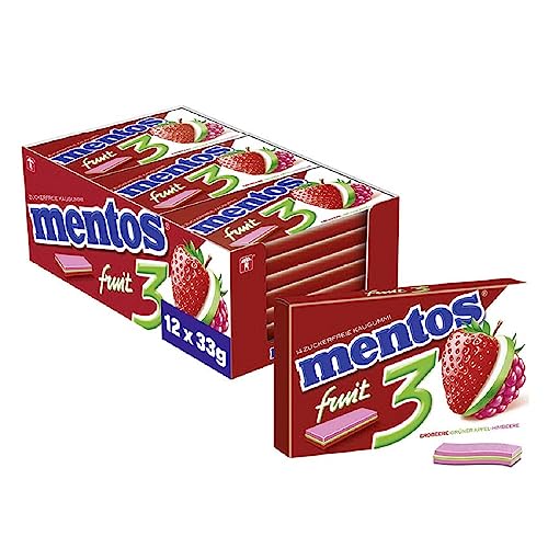 Mentos Fruity Fresh Kaugummi Dragees, zuckerfrei, Erdbeere, Grüner Apfel, Himbeere, 12er Multipack, 12 x 33 g