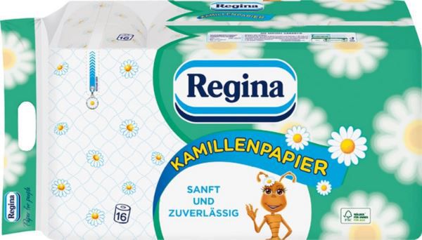 Erleben Sie sanfte Reinheit mit Regina Chamomile 3-lagigem Toilettenpapier. 16 Rollen, 150 Blätter je Rolle, mit zartem Kamillenduft. FSC-zertifiziert für Ihr gutes Gewissen.