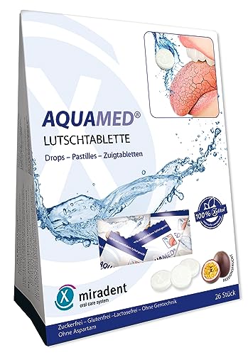 miradent aquamed lutschtabletten, 26 stück, xylitol, zuckerfrei, geschmack passionsfrucht