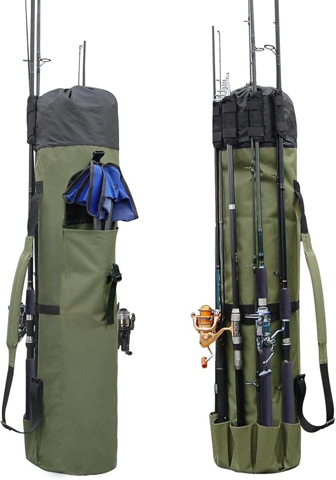 Angelruten-Organizer-Tasche aus Segeltuch, für 5 Ruten und Zubehör, Khaki-Grün