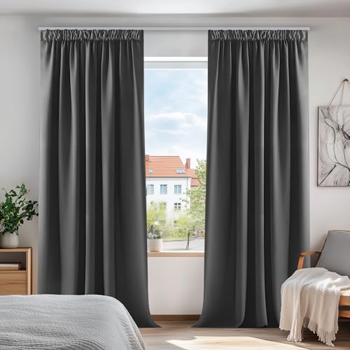 deconovo schwarze blickdichte vorhänge für schlafzimmer 245 x 140 cm, dunkelgrau, 2er-set