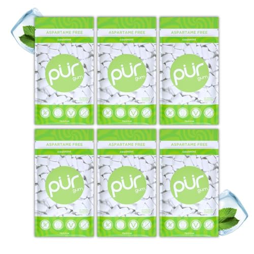 zuckerfreier kauwgummi mit xylit von pur gum, vegan, coolmint geschmack, 55 stück, 6er pack