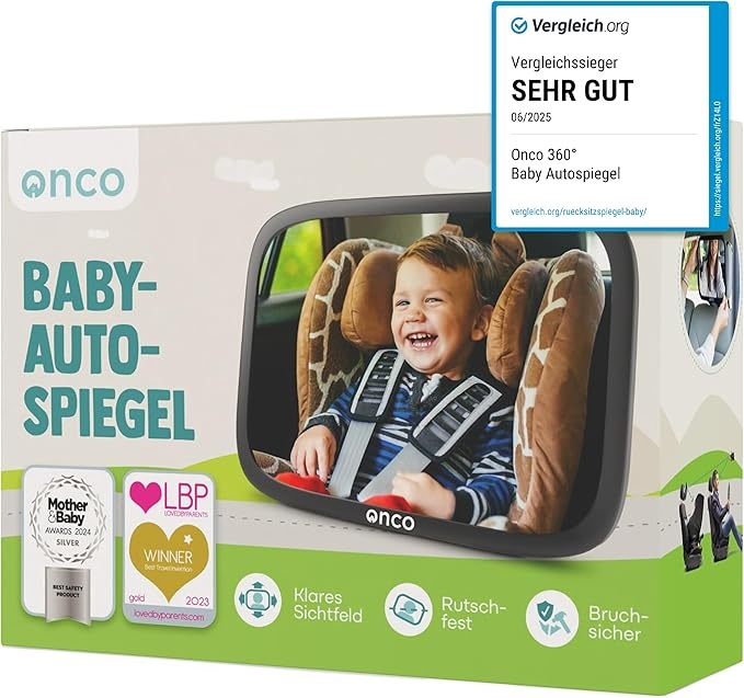 Produktbild: Onco 360 Baby Autospiegel - Bruchsicher, rutschfest, klares Sichtfeld (17,5 x 24,5 cm)