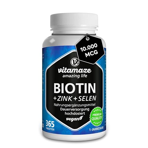biotin 10.000 mcg hochdosiert, selen, zink für haare, haut, nägel - 365 vegane tabletten