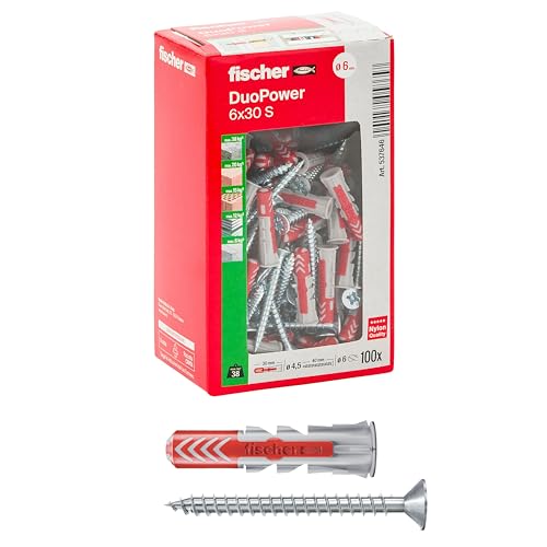 fischer dübel mit schraube duoPower 6 x 30 mm, 100 Stück für mauern, gipskarton