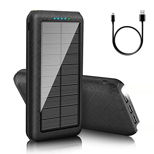 solar powerbank 25800mah, externer akku, tragbares ladegerät, 3 usb ausgänge, camping, outdoor, kompatibel mit phone und android, schwarz