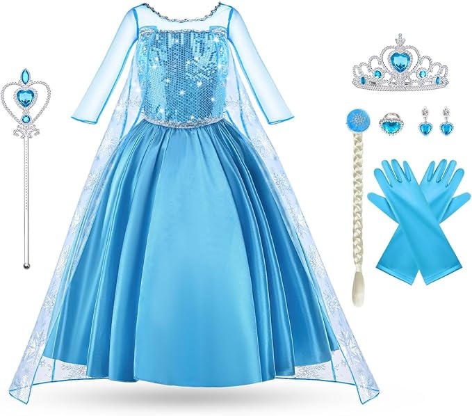 Produktbild: Elsa Prinzessin Kostüm Kinder blau, Deluxe Kleid & Accessoires für Karneval Halloween