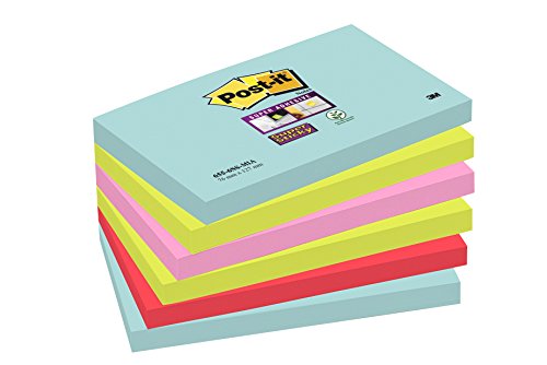post-it super sticky notes 6 blöcke, 90 blatt, 76 mm x 127 mm, mehrfarbig
