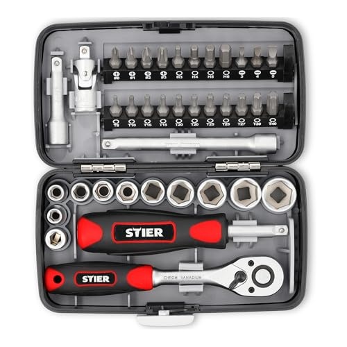 STIER Steckschlüssel- und Bit-Satz 38-teilig 1/4 Zoll Umschaltknarre Sechskant
