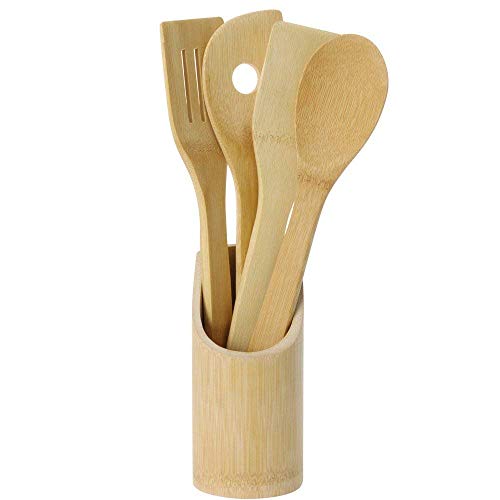 holzlöffel-set 5-teilig von excellent houseware mit bambus-löffel, palette, spachtel, korb