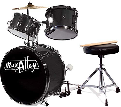 junior trommelset für kinder von music alley mit kick drum pedal, hocker, sticks - schwarz