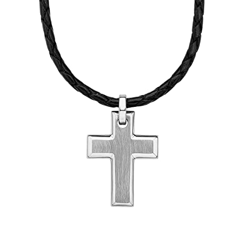 s.Oliver herren kette edelstahl mit anhänger leder 47+3 cm silber kreuz in geschenkbox