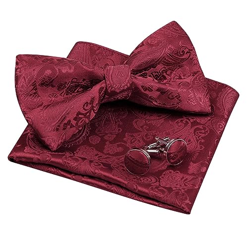 herren fliegen set paisley maroon mit taschentuch und manschettenknöpfen einheitsgröße