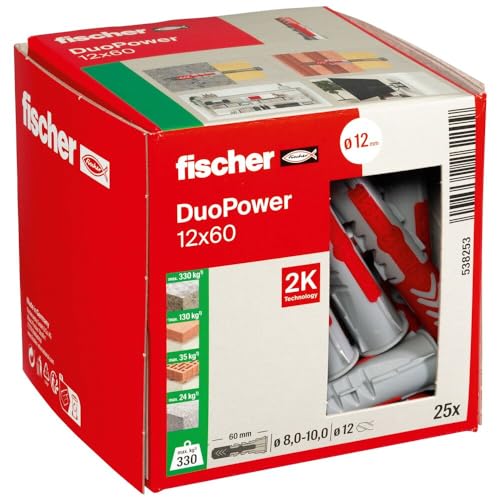 fischer DuoPower 12 x 60 Universaldübel, 2-Komponenten-Kunststoffdübel für Beton, Ziegel, Stein, 25 Stück