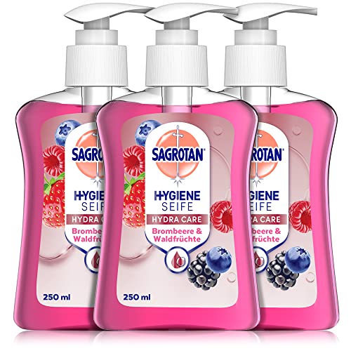 Sagrotan Handseife Brombeere, Waldfrüchte  Hygienische Flüssigseife, 3 x 250 ml Seifenspender