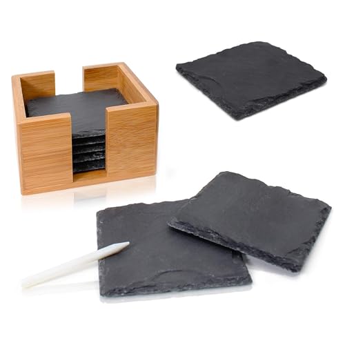 schiefer untersetzer set 8 stück amazy mit kreidestift und bambushalter 10x10 cm